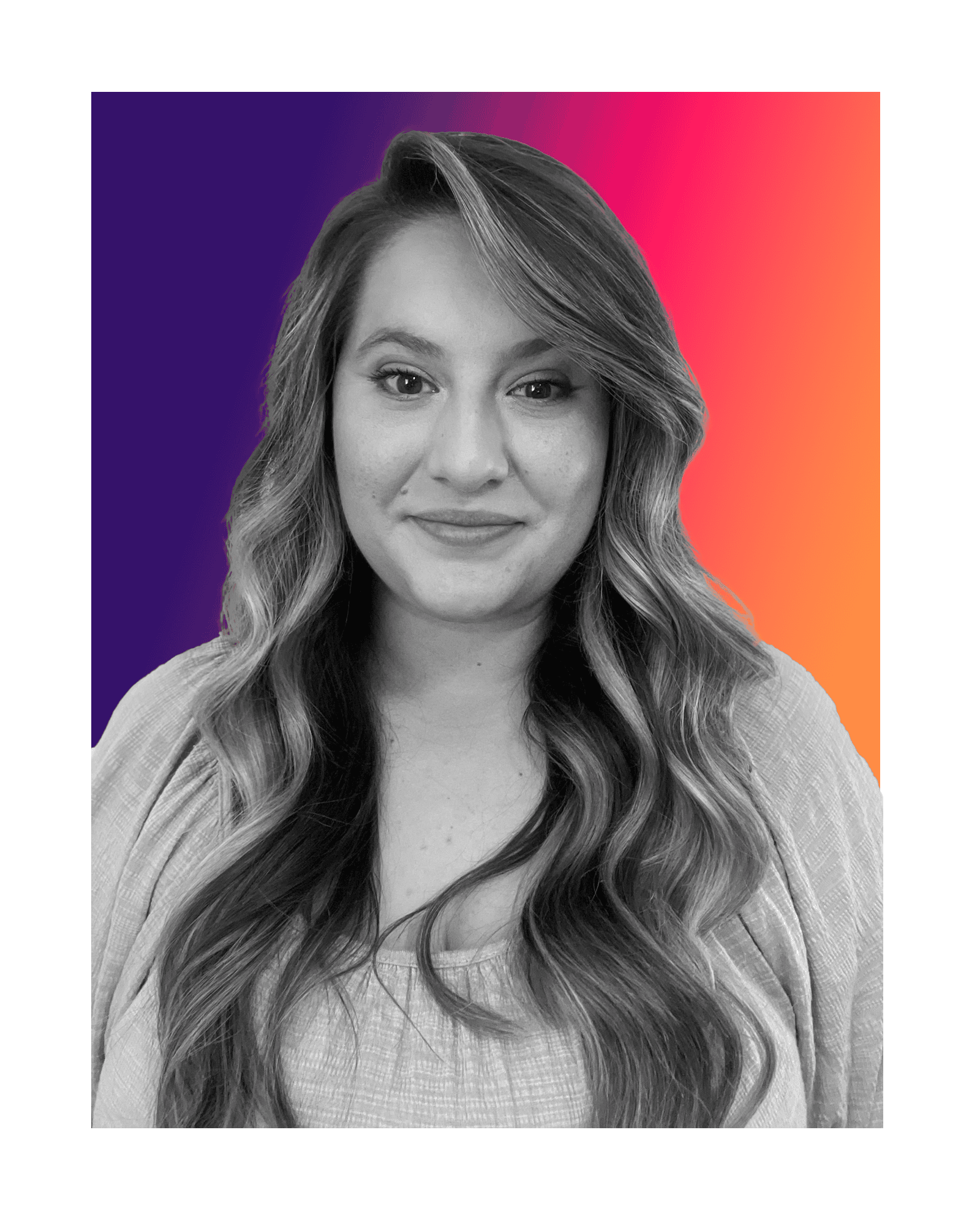 Digital Marketing Agency A woman with long wavy hair stands gracefully in front of a Paradox Media-inspired gradient background, seamlessly transitioning from purple to orange. Paradox Media