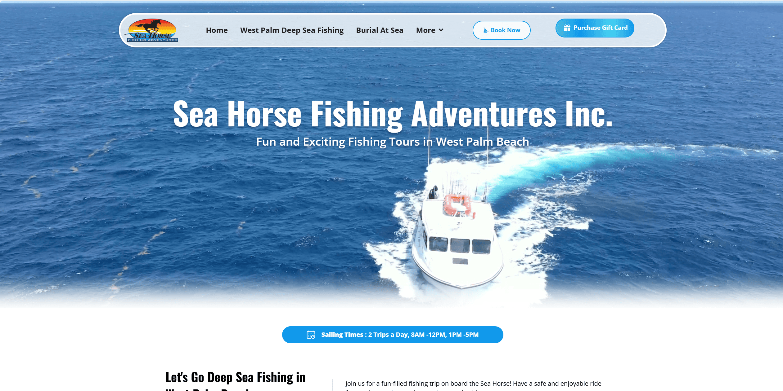Digital Marketing Agency A white fishing boat travels on deep blue ocean waters under clear skies; website banner reads "Sea Horse Fishing Adventures Inc." with navigation and booking options above. Paradox Media