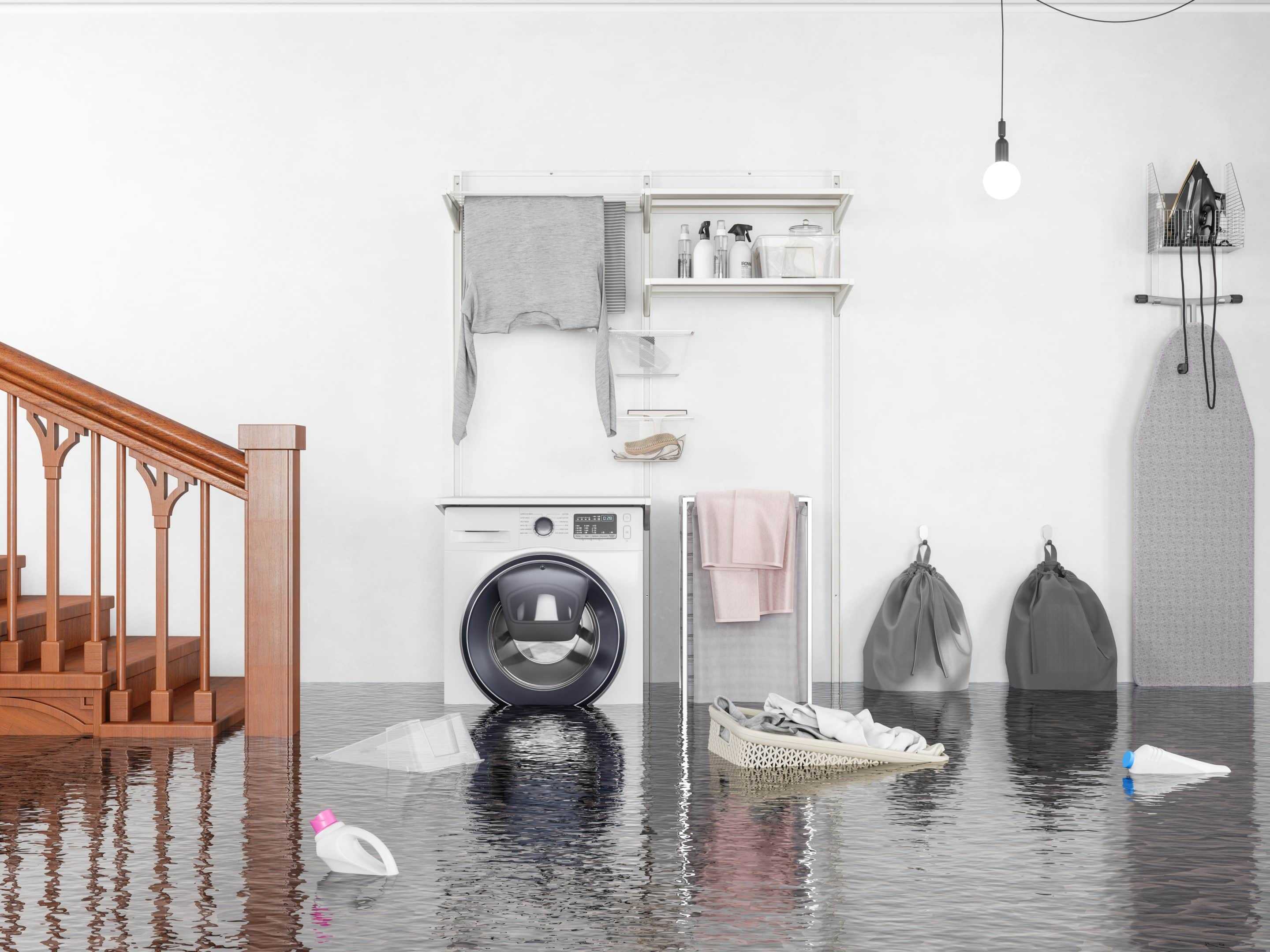 3D laundry room flood damage scene for insurance claims and loss assessment.