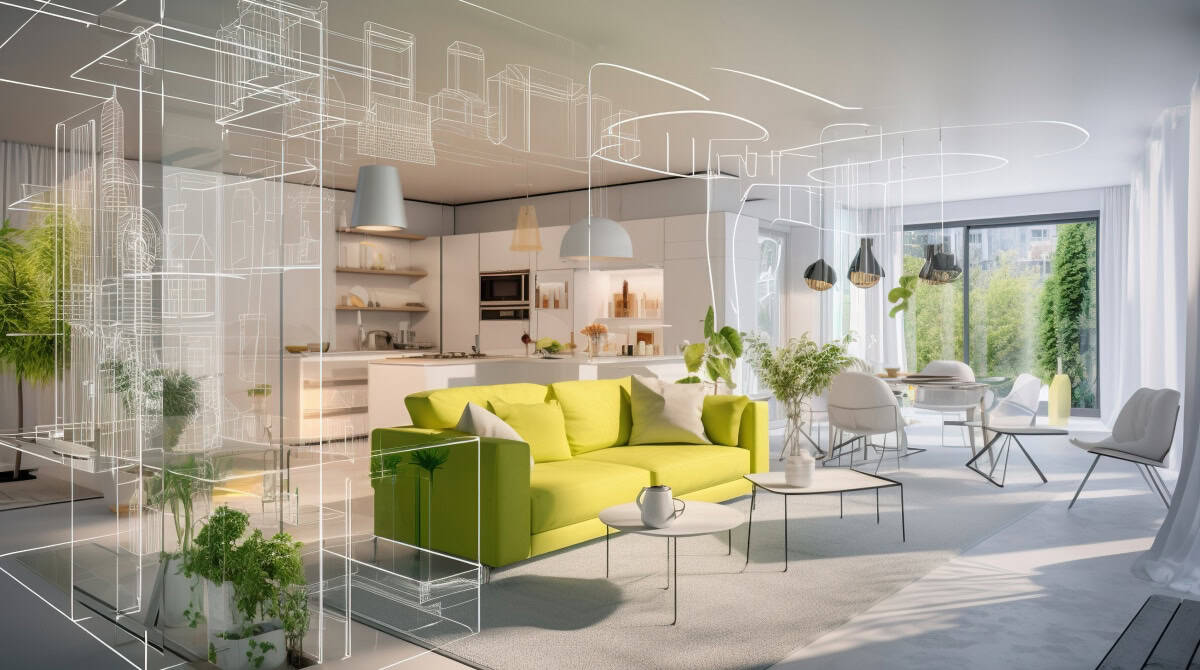 Bright modern living room with green sofa and large windows.