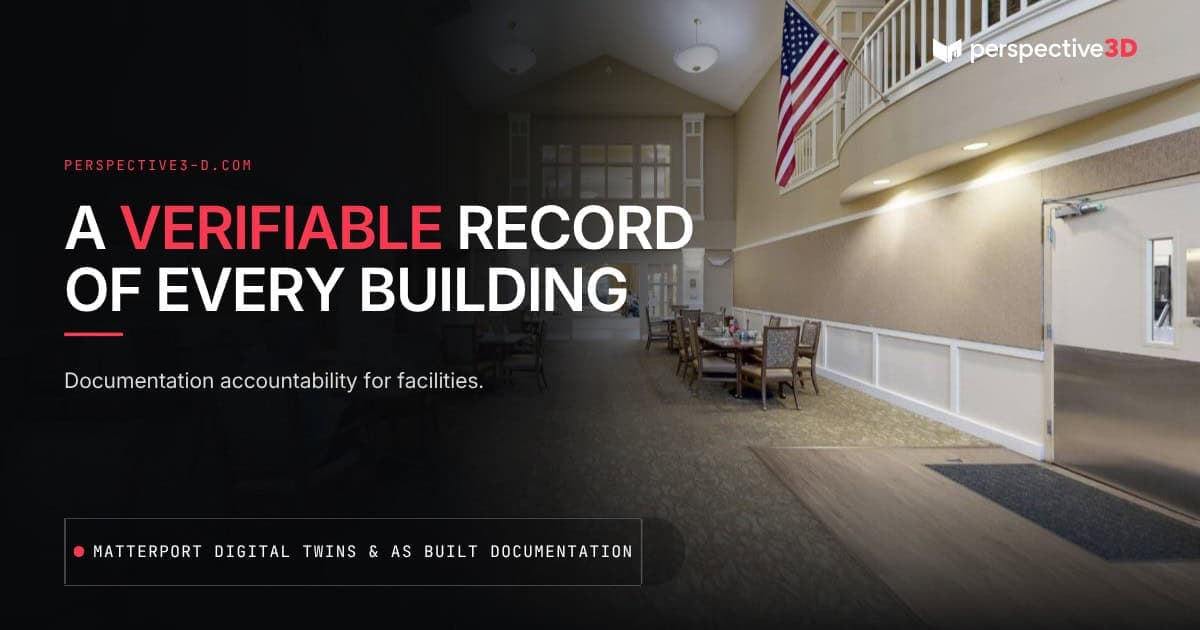 Building documentation accountability facilities showing a Matterport 3D capture of a senior-living dining hall.