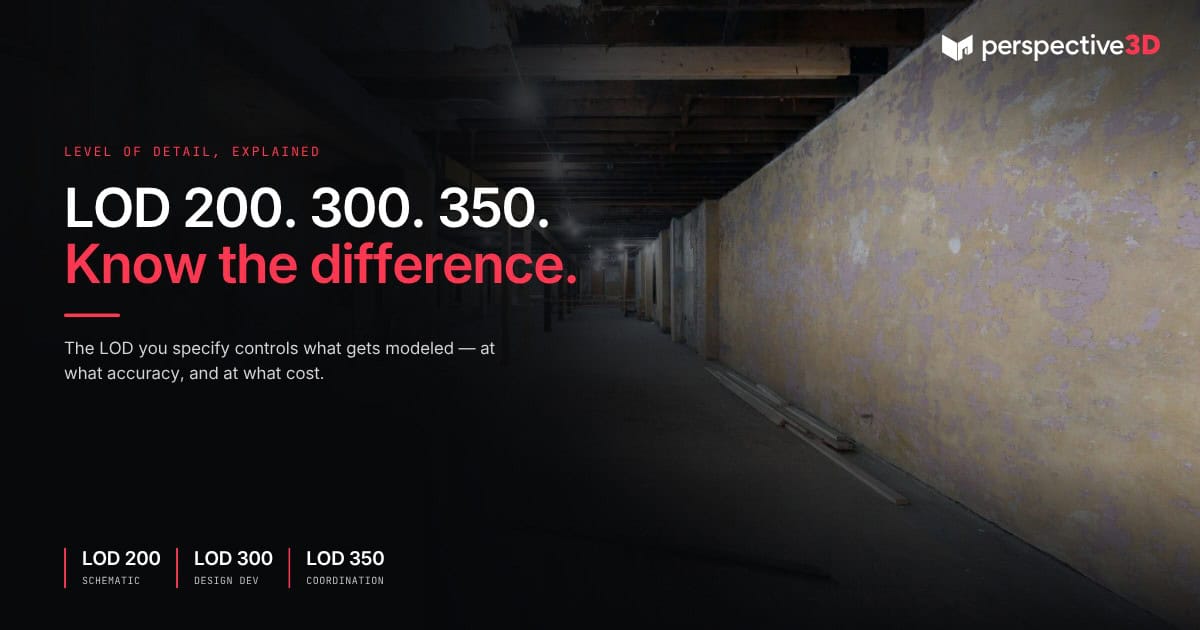 BIM model showing LOD 200 vs LOD 300 level of detail from Matterport scan data