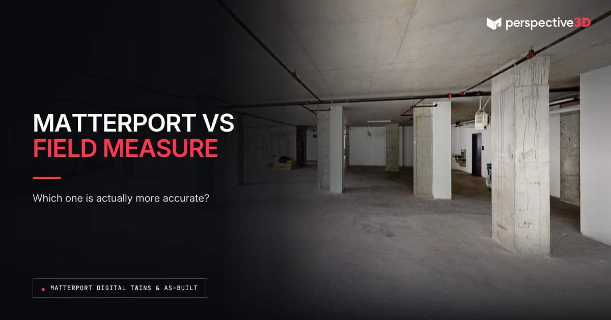 Matterport vs field measure as-built accuracy: a 3D capture of an unfinished commercial floor with concrete columns.