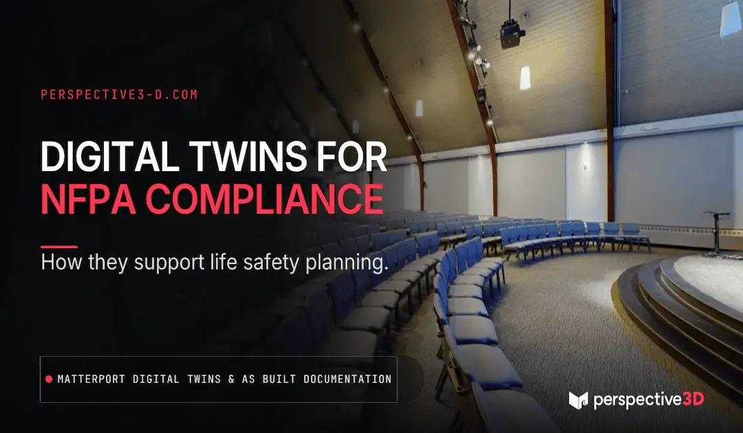 Matterport digital twin for NFPA compliance: a church auditorium with rows of seating used as a life-safety reference.