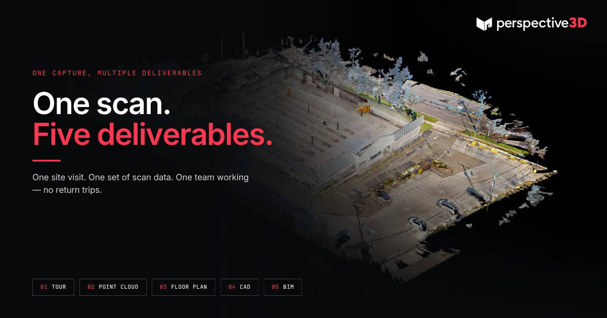 Five deliverables from one Matterport scan — tour, point cloud, floor plan, CAD, and BIM model