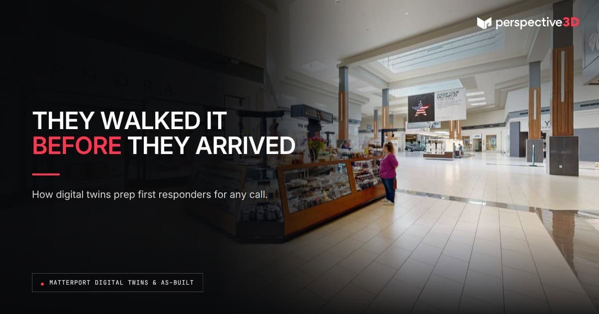 They walked it before they arrived — First responder building documentation: a Matterport view of a building hallway used for pre-arrival planning.