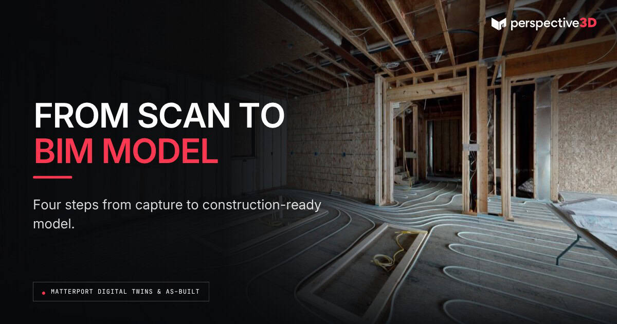 From scan to BIM model — Matterport to BIM workflow for construction documentation: a framed commercial interior with radiant floor tubing captured before drywall.