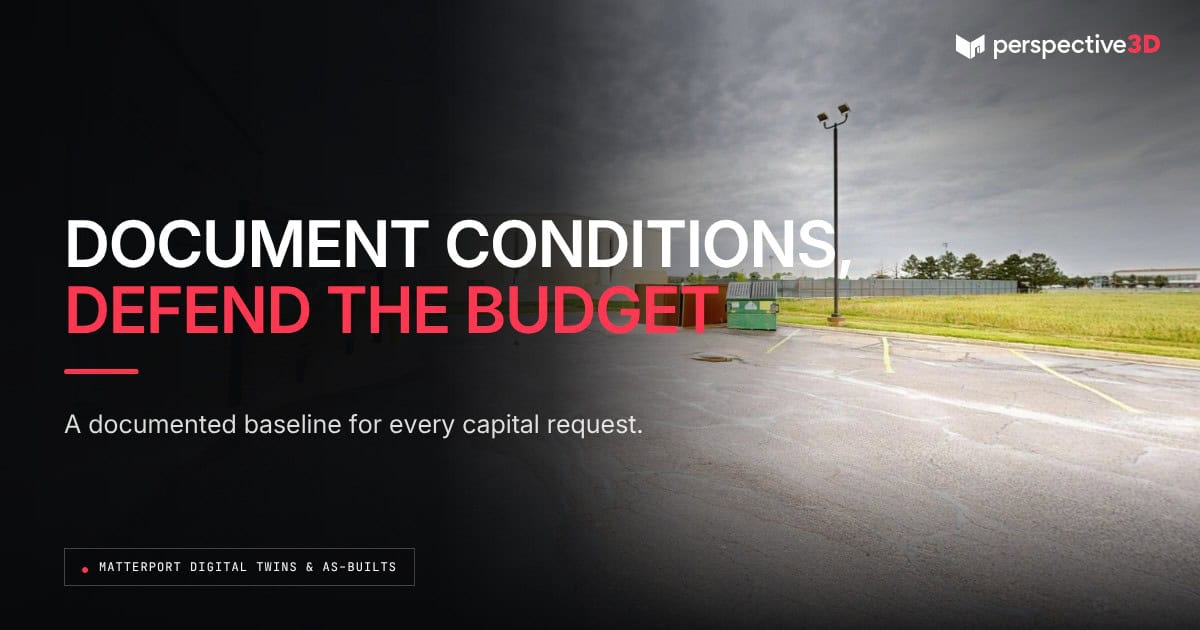 Capital planning reality capture — commercial property exterior showing cracked pavement and deferred maintenance