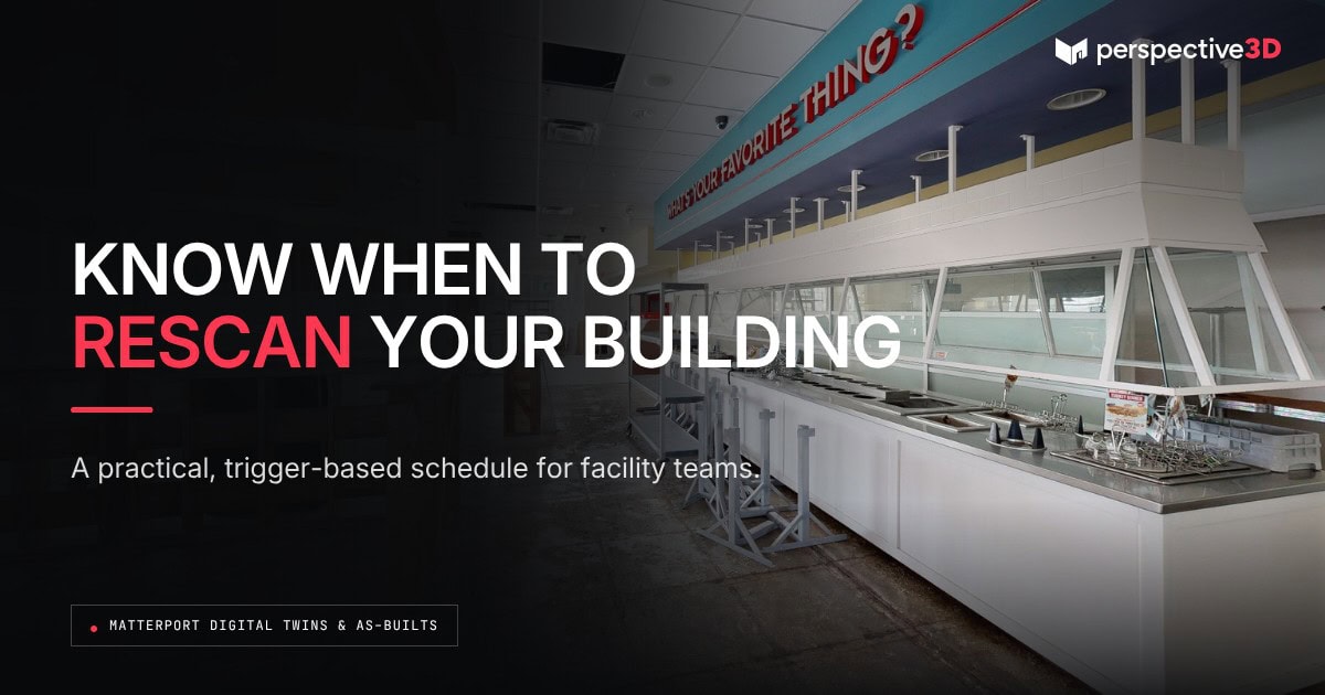 Digital twin rescan schedule — commercial interior mid-renovation with gutted walls and exposed ceiling