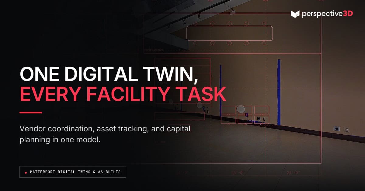 Matterport digital twins facility management in Michigan — measured test-fit layout overlaid on a commercial floor plate