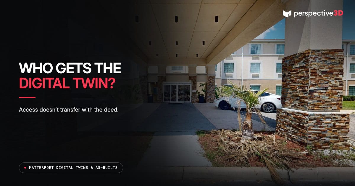 Digital twin property sale — hotel exterior entrance under a stone-clad porte-cochère with guest parking