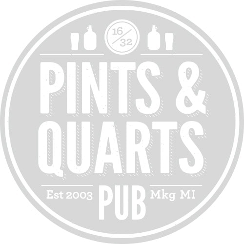 Pints & Quarts pub logo with bottles and establishment details.