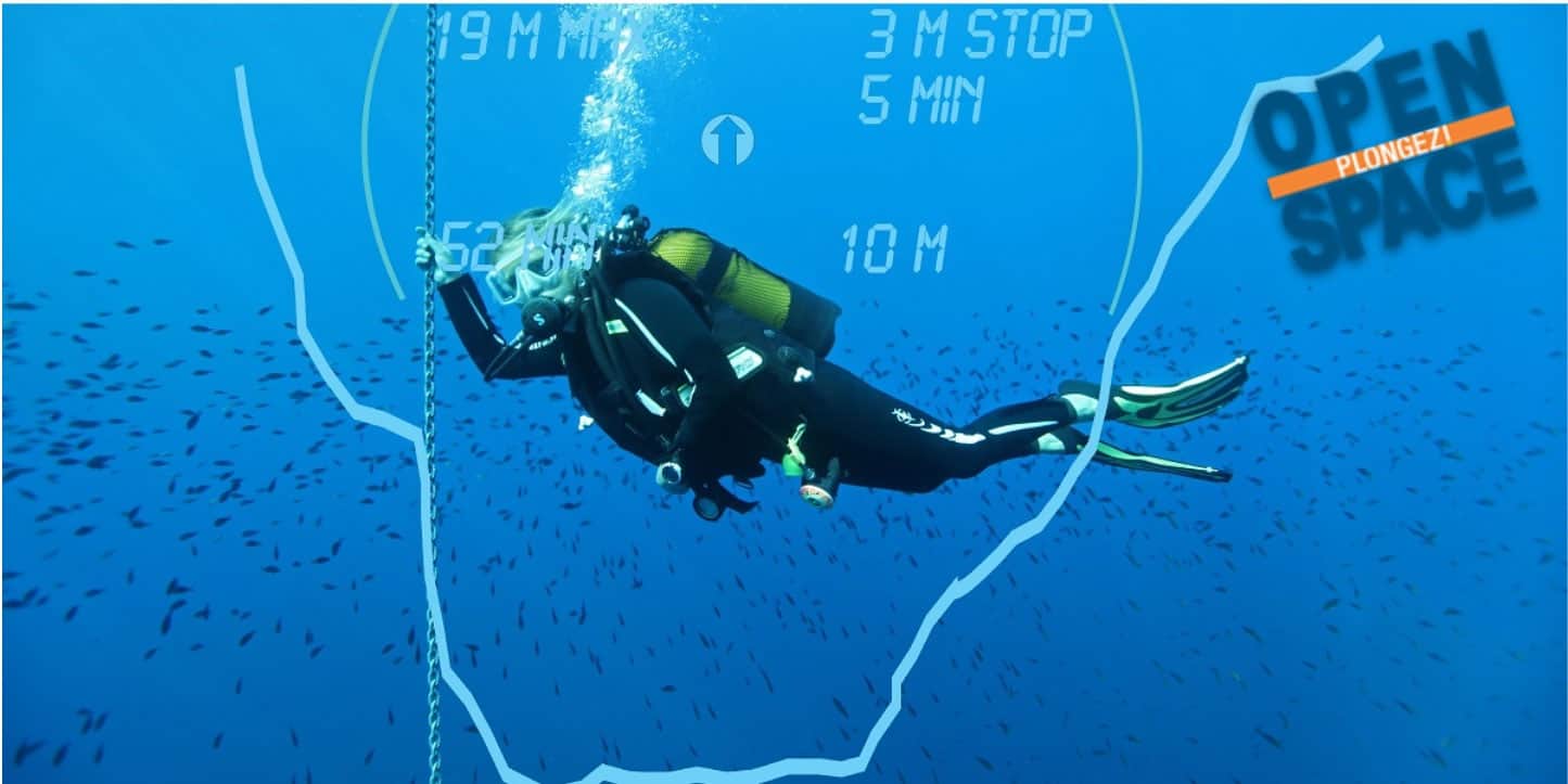 Un plongeur explore les profondeurs marines, guidé par un ordinateur de plongée, entouré d'un banc de poissons dans un ble...