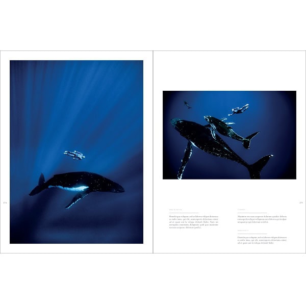 Des plongeurs nagent gracieusement aux côtés de majestueuses baleines dans les profondeurs bleues, illustrant l'harmonie m...