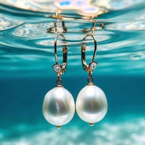 Des boucles d'oreilles en perles flottent élégamment sous l'eau, évoquant la beauté et le mystère des récifs marins.