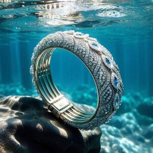 Un bracelet étincelant repose sur un rocher sous-marin, évoquant l'élégance et la sérénité des profondeurs océaniques. #Pl...