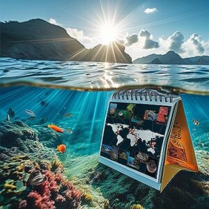 Calendrier de plongée illustrant des destinations exotiques sous-marines, évoquant l'aventure et la découverte des récifs.