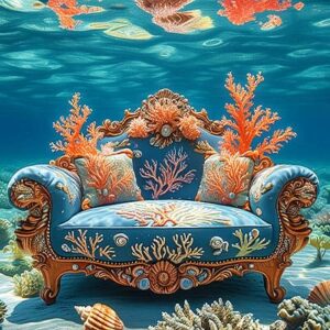 Un canapé somptueux orné de motifs coralliens évoque la beauté des récifs sous-marins, parfait pour les passionnés de plon...