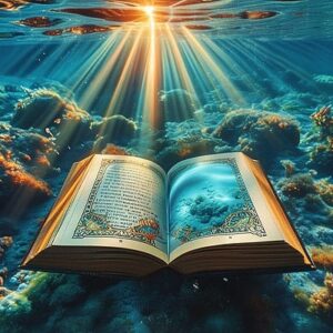 Un livre ouvert flotte sous l'eau, illuminé par les rayons du soleil, symbolisant la découverte dans le monde sous-marin. ...