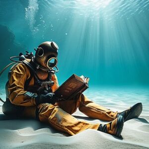 Un plongeur en scaphandre lit un livre sur le fond marin, illustrant l'harmonie entre exploration et connaissance sous-mar...