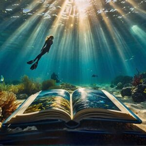 Un plongeur explore un monde sous-marin enchanteur où un livre ouvert révèle les secrets de l'océan, symbole de découverte.