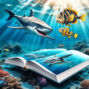 Un livre de bande dessinée s'ouvre sur un monde sous-marin vibrant, mettant en scène des poissons et un requin animés, évo...
