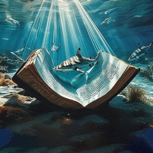 Un livre ouvert repose sous l'eau, entouré de requins, symbolisant la richesse des connaissances en biologie marine.