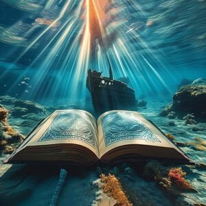 Un livre ouvert repose sur le fond marin, illuminé par des rayons de soleil, près d'une épave mystérieuse, évoquant l'aven...