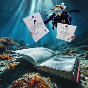 Un plongeur exhibe fièrement ses certifications sous-marines au-dessus d'un livre ouvert, symbolisant l'apprentissage et l...