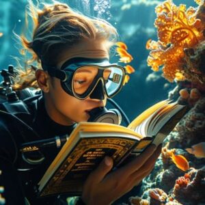 Un plongeur explore les récifs coralliens tout en lisant un livre, illustrant l'harmonie entre aventure et découverte sous...