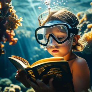 Un enfant explore les merveilles sous-marines en lisant un livre, entouré de coraux colorés, illustrant l'évasion aquatique.