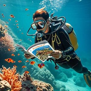Un plongeur explore un récif coloré tout en lisant un magazine, entouré de poissons tropicaux; évasion sous-marine garantie.