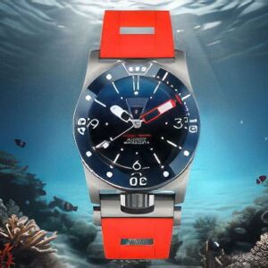 Montre de plongée ZRC avec bracelet rouge, idéale pour explorer les profondeurs marines grâce à sa robustesse et étanchéité.