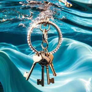 Un porte-clés élégant flotte dans une eau cristalline, symbolisant l'aventure et la liberté des explorations sous-marines....
