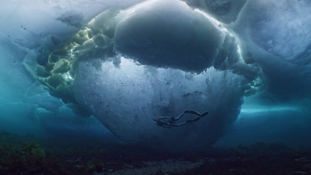 Un plongeur explore les profondeurs glacées sous une imposante masse de glace, révélant la majesté mystérieuse de l'antarc...