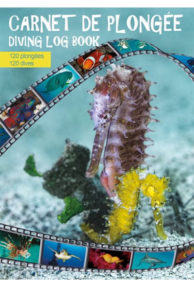 Carnet de plongée illustré d'un hippocampe vibrant, idéal pour documenter vos aventures sous-marines. #ExplorationMarine