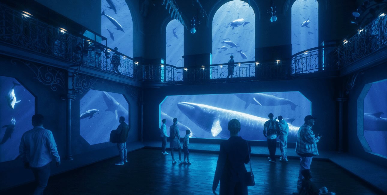 Dans un aquarium majestueux, des visiteurs émerveillés observent des baleines majestueuses à travers d'immenses baies vitr...