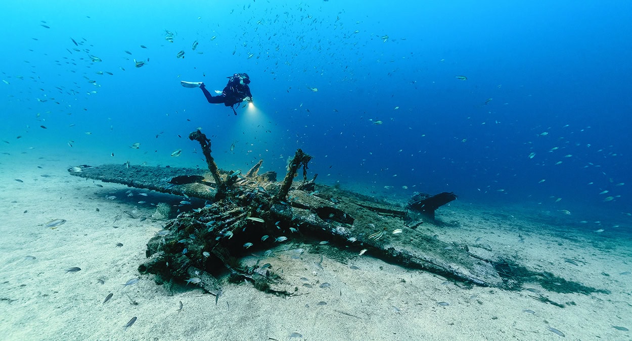 Un plongeur explore l'épave d'un avion sous-marin, entouré de poissons, révélant un monde mystérieux et fascinant. #Aventu...