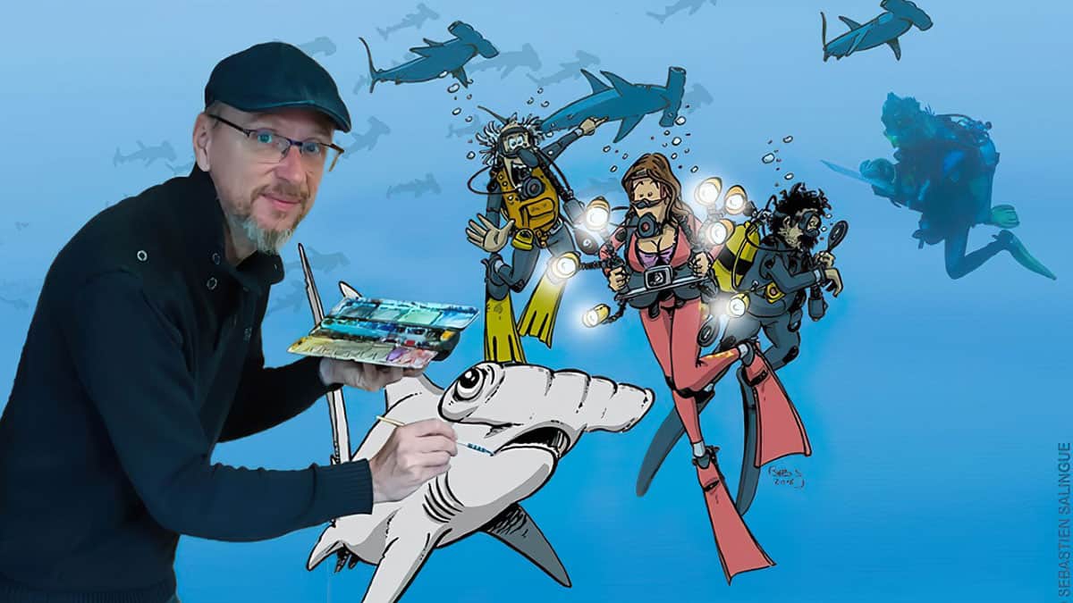 Un artiste illustre des plongeurs et requins-marteaux, fusionnant art et exploration sous-marine pour capturer l'essence d...
