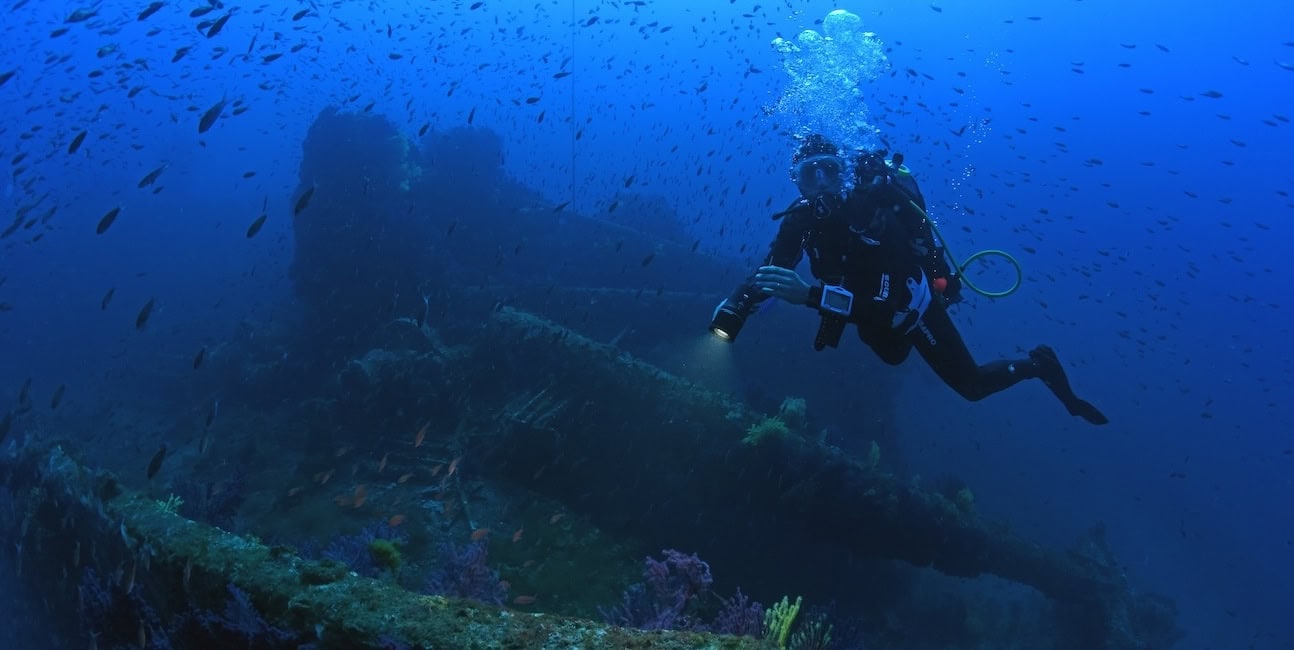 Un plongeur explore un mystérieux épave sous-marine, illuminant la biodiversité qui l'entoure dans un ballet aquatique fas...