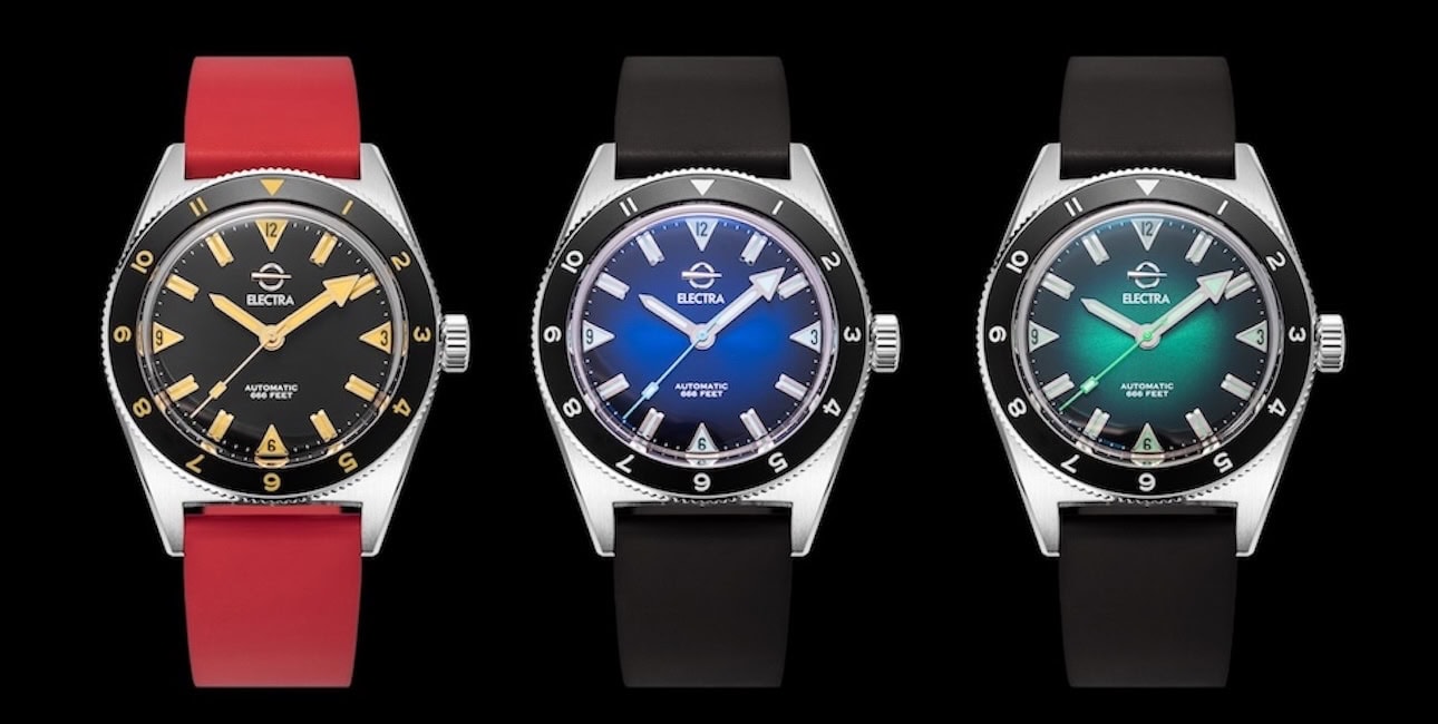 Trois montres de plongée Electra affichent un design élégant et robuste, idéales pour explorer les profondeurs marines.