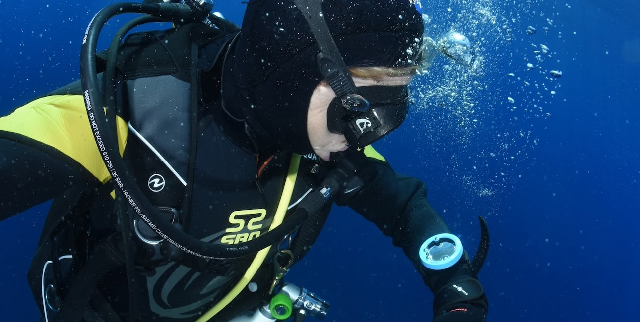 Un plongeur vérifie son ordinateur de plongée en pleine immersion, illustrant l'importance de la sécurité sous-marine.