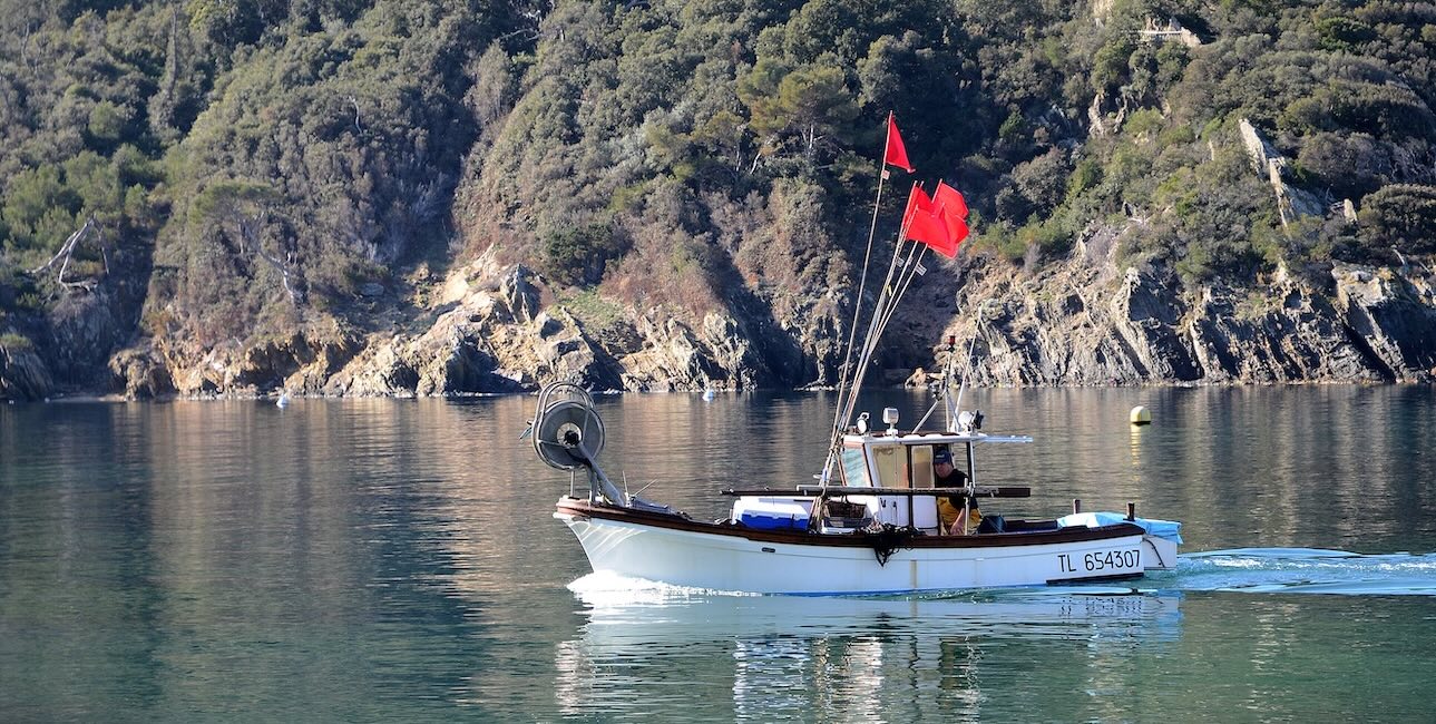Un bateau de pêche côtière navigue paisiblement près d'une côte rocheuse, illustrant l'harmonie entre tradition et environ...