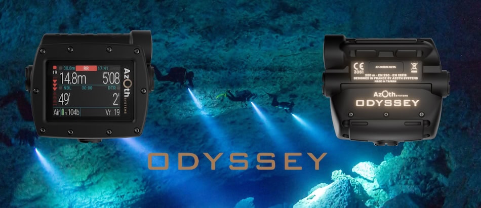 Compteur de plong&eacute;e Azoth Odyssey offrant des donn&eacute;es essentielles pour l'exploration sous-marine.