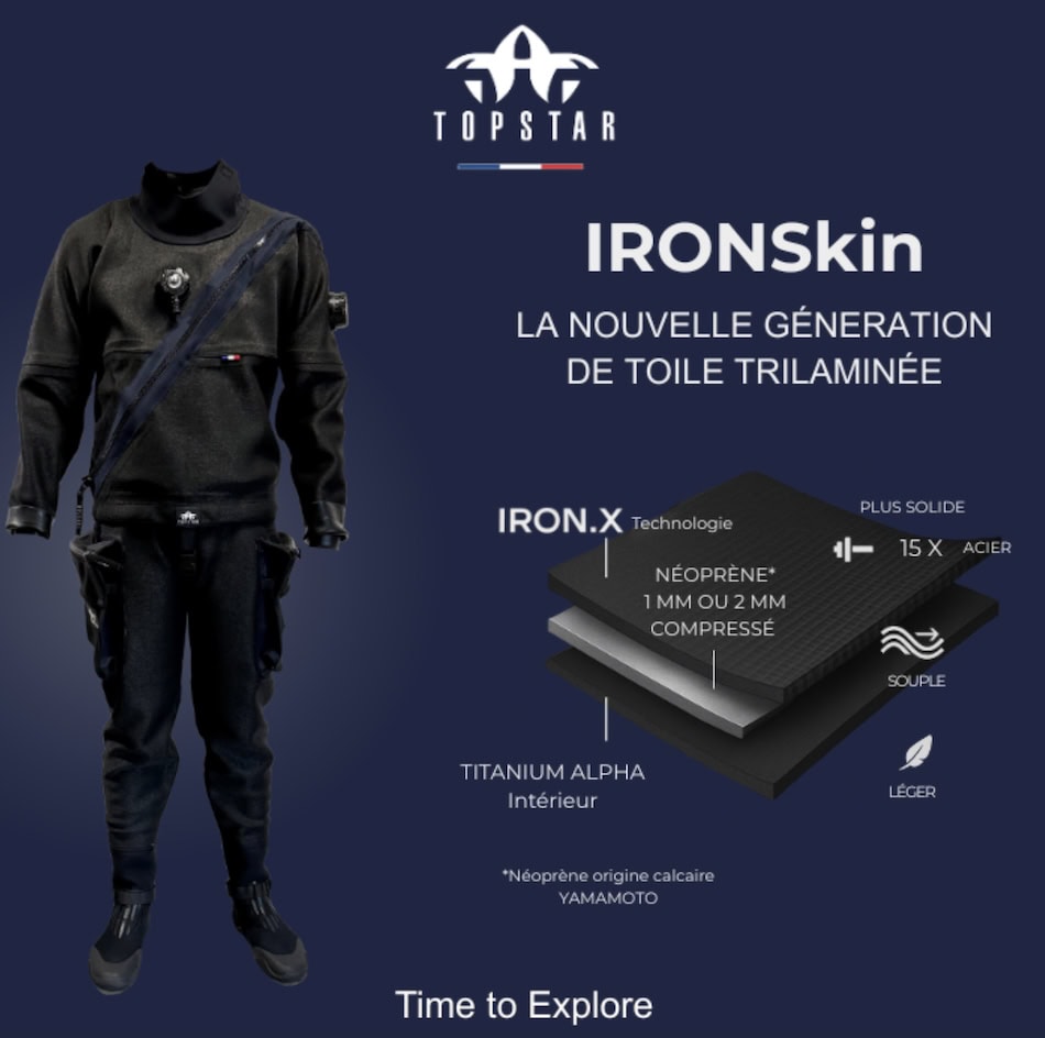 La combinaison IRONSkin de Topstar, conçue en néoprène trilaminé, offre confort et protection pour la plongée.