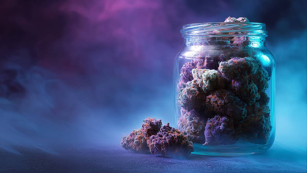 Large jar packed with premium THCA cannabis, surrounded by purple smoke, symbolizing bulk weed by the pound