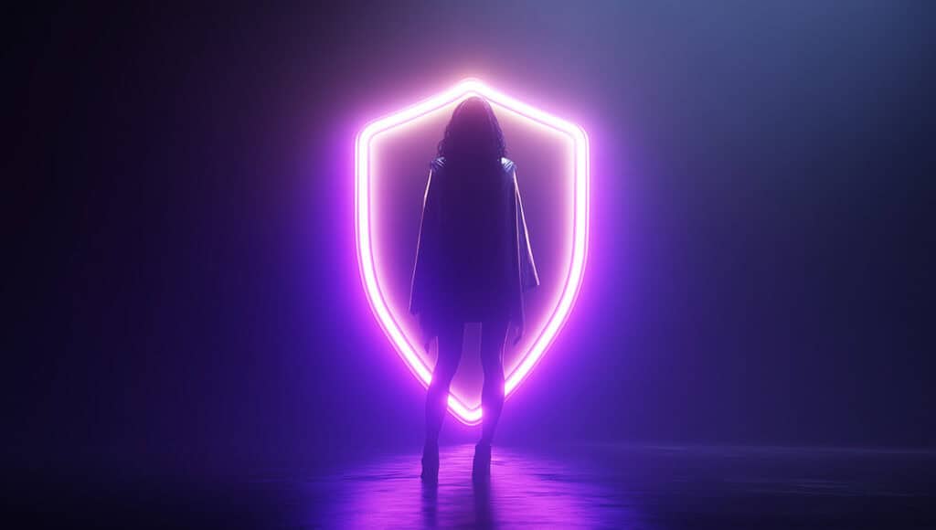 Mystical customer support figure with glowing purple aura and shield symbolizing THCA refund protection