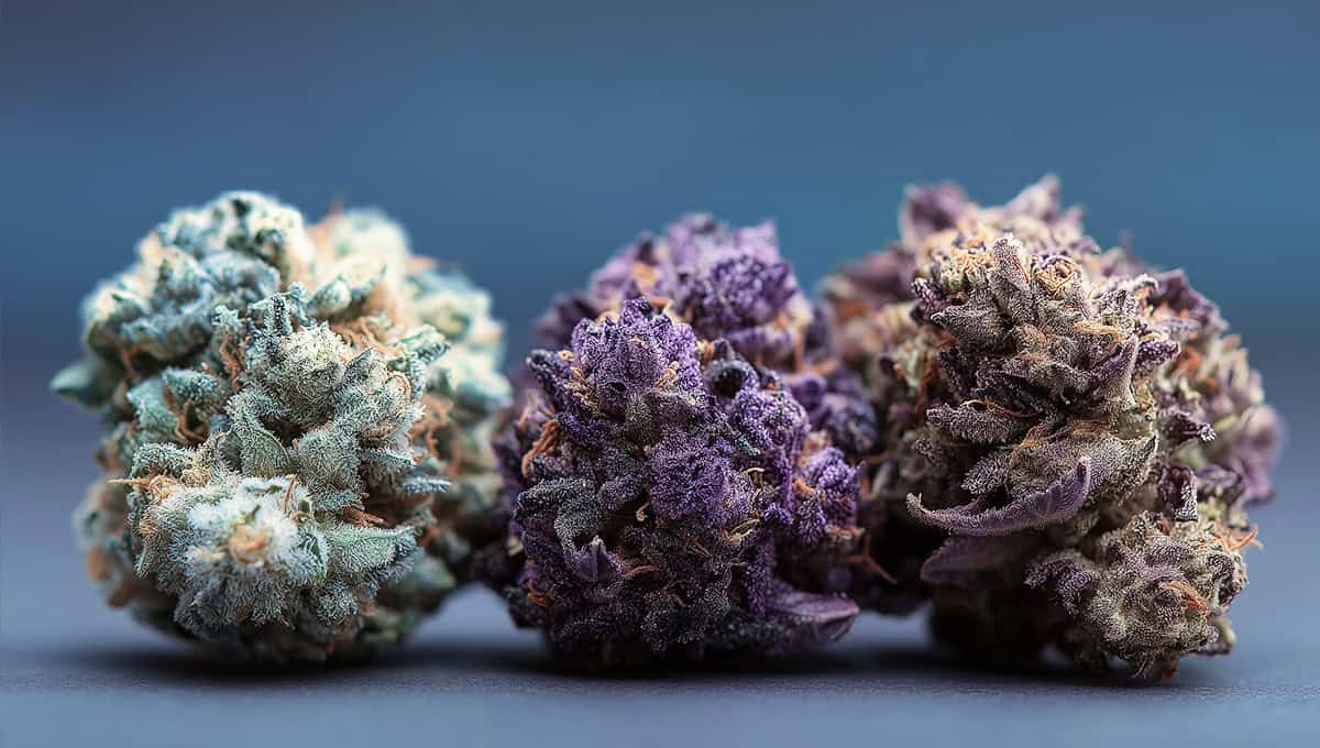 Three THCA flower buds showing different weed strains — light green, purple, and mixed colors