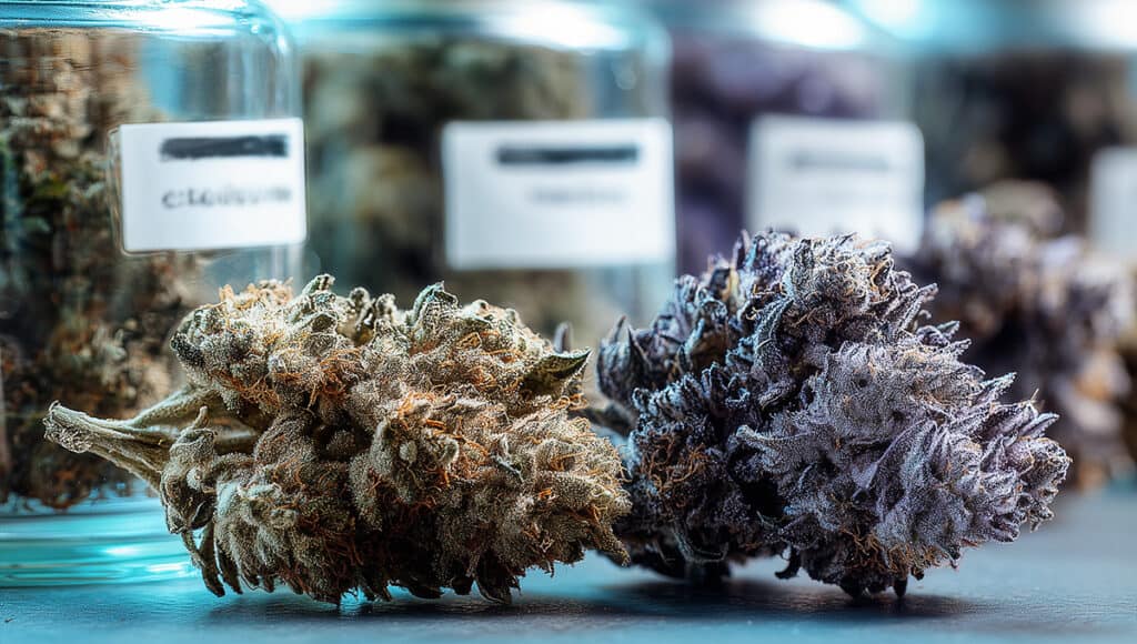 Macro shot of frosty THCA cannabis buds with dispensary-style jars blurred in background