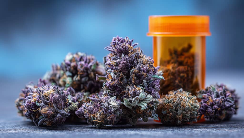 High-resolution photo of assorted exotic THCA buds next to an open RX weed bottle